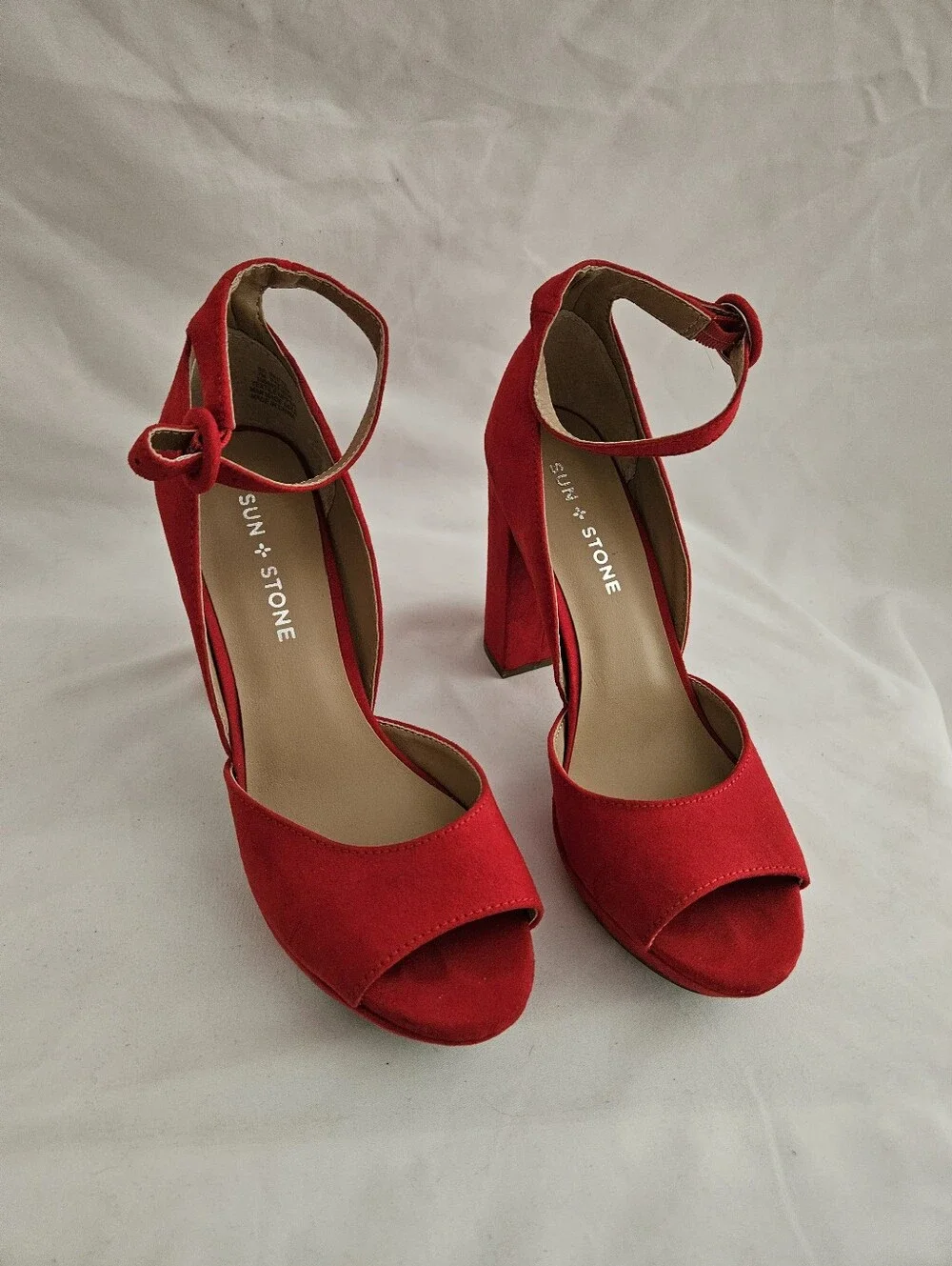 Sun + Stone Red Suede Platform Ankle-Strap Heels